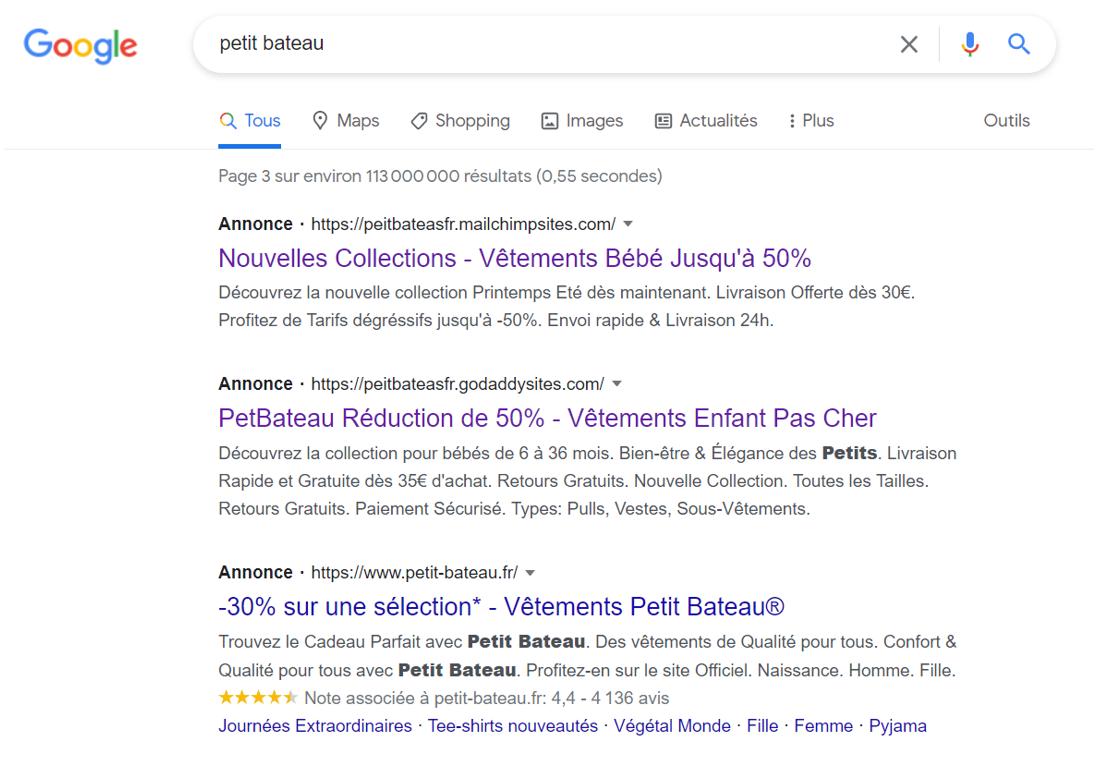 Diffusion de la marque Petit Bateau sur Google Ads